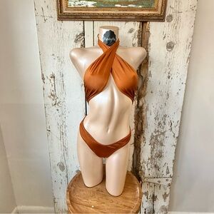 Jess Swimwear bronze helix halterneck wrap one piece bikini sz M